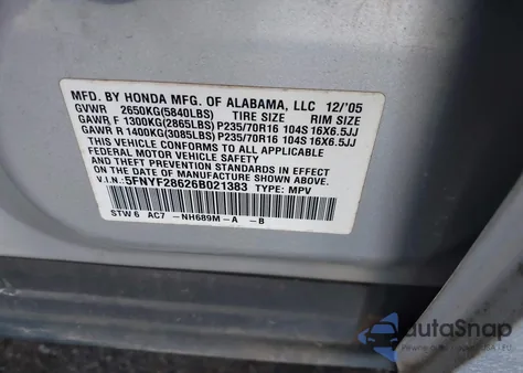 2006 Honda Pilot Ex-L z USA, uszkodzony, nr VIN 5FNYF28626B021383